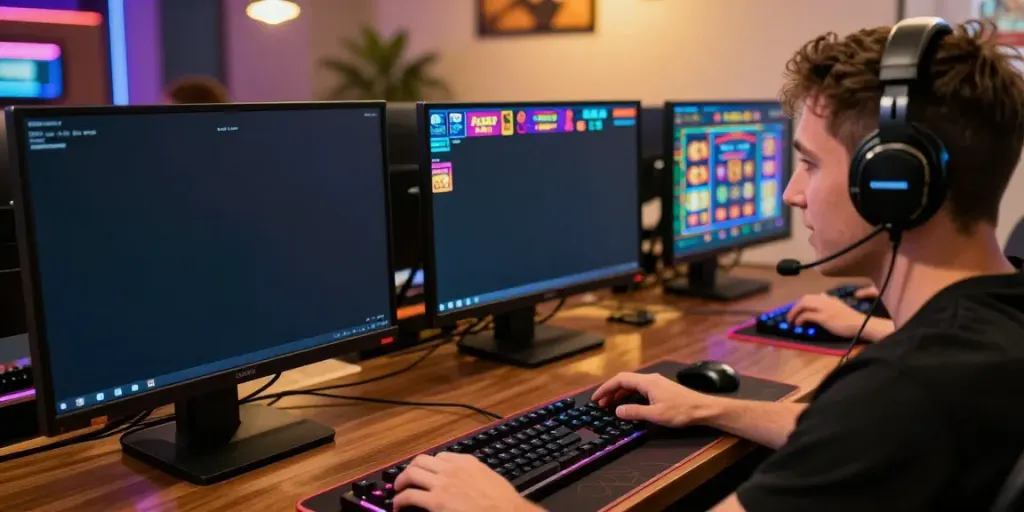 Player enjoying a thrilling slot experience at a vibrant online gaming setup