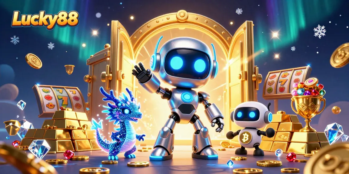 Spin to win with Lucky88 in this vibrant 3D casino illustration featuring robot and treasure!