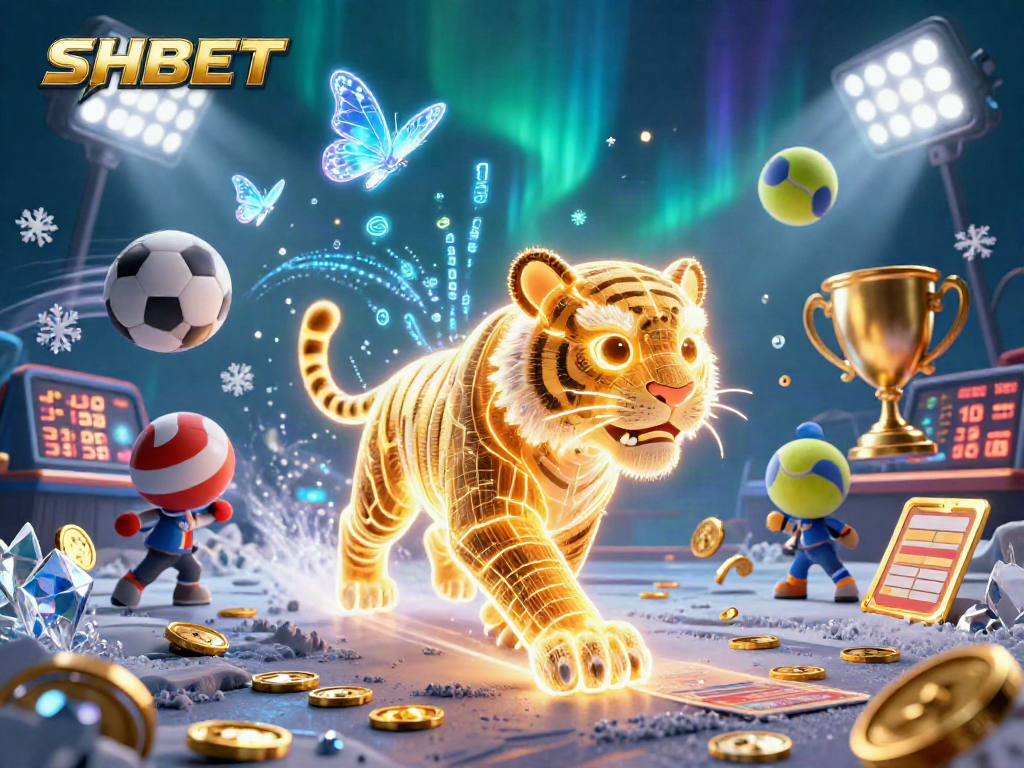 Engage with SHBET in a vibrant digital casino filled with neon elements and sports betting excitement.