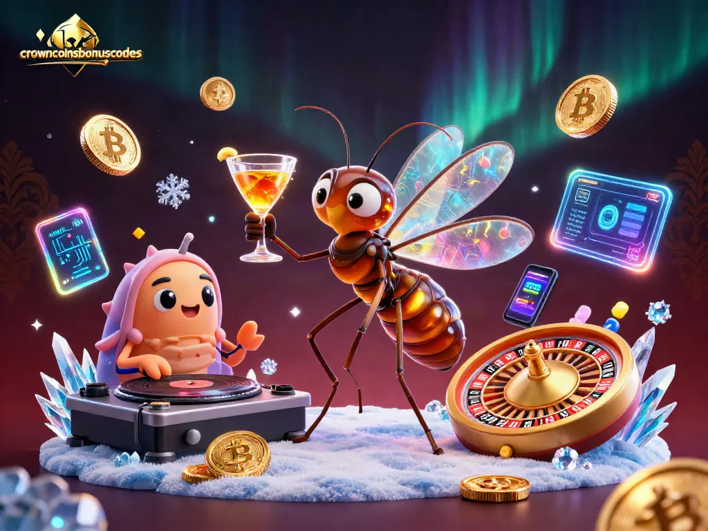 Engage with crowncoinsbonuscodes in a vibrant casino scene featuring a mosquito mascot and digital elements.