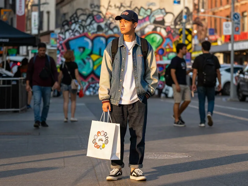 Goedkope herenkleding, trendy man in urban outfit met boodschappentas in levendige straat.
