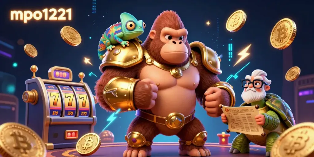 Experience exciting gameplay with mpo1221 in a vibrant casino environment featuring a gorilla king, chameleon, and tortoise.