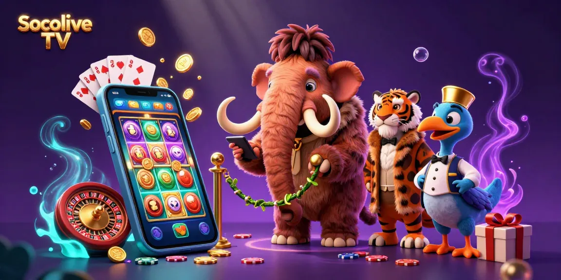 Socolive TV features a vibrant 3D casino scene with a woolly mammoth bouncer and a saber-tooth tiger VIP.