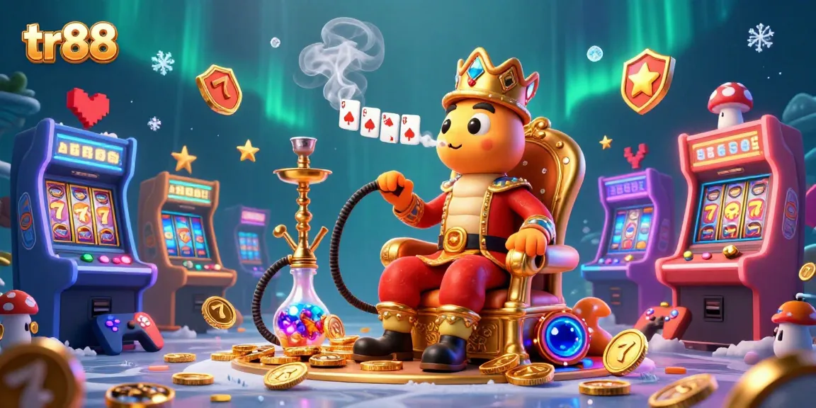 Watch the tr88 caterpillar hookah-master and colorful gaming elements in a lively casino scene.