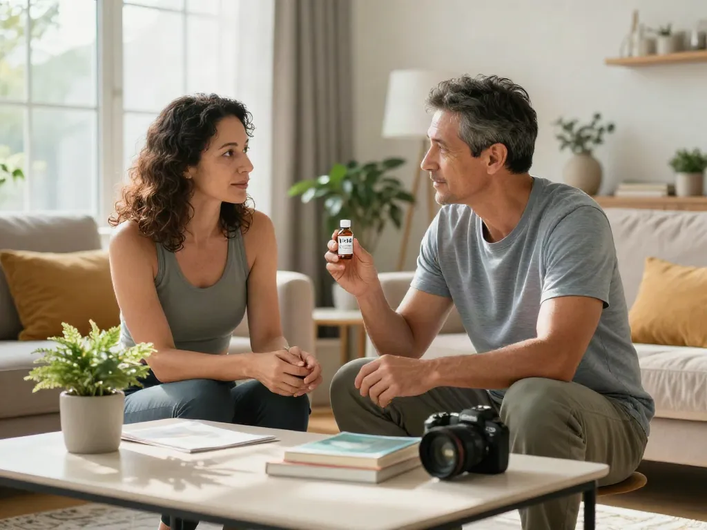 Couple discussing the benefits of PT-141 in a cozy wellness setting.