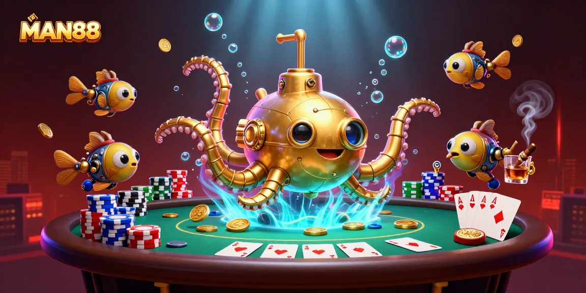 Experience thrilling poker action at MAN88 with golden kraken submarine and mech fish in a sea of coins.