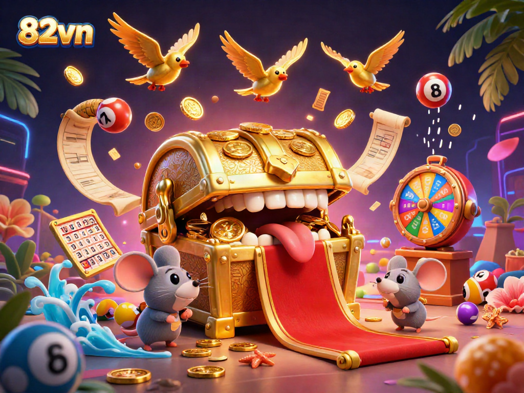 Engage in thrilling entertainment with 82vn's vibrant lottery scene featuring colorful balls and golden rewards.