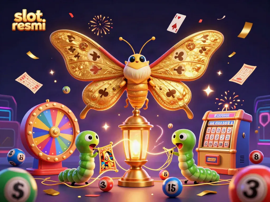 Engage in exhilarating slot resmi action with a vibrant 3D casino scene featuring an atlas moth and lottery elements.
