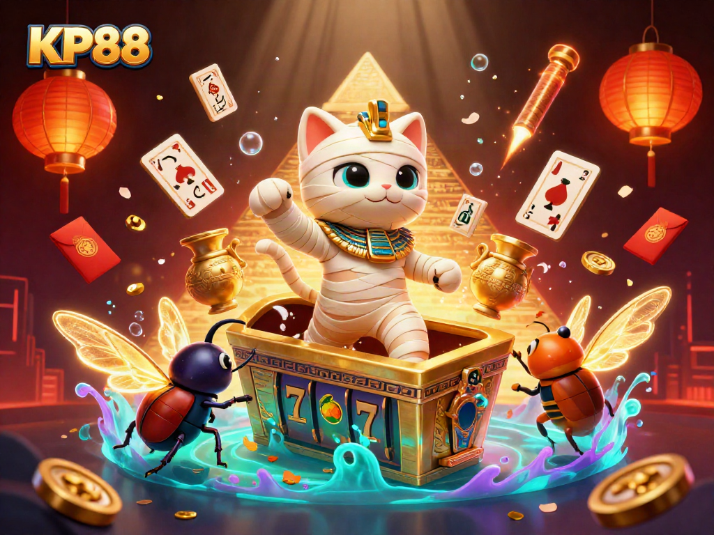 Experience KP88's thrilling casino adventure with an Egyptian mummy cat and gold elements.