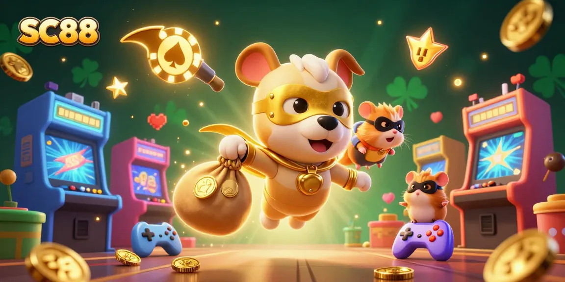 SC88 features a superhero dog carrying coins, set amidst vibrant arcade gaming elements.