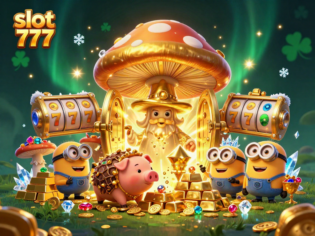 Spin the reels of slot 777 in this vibrant treasure-laden 3D fantasy scene.