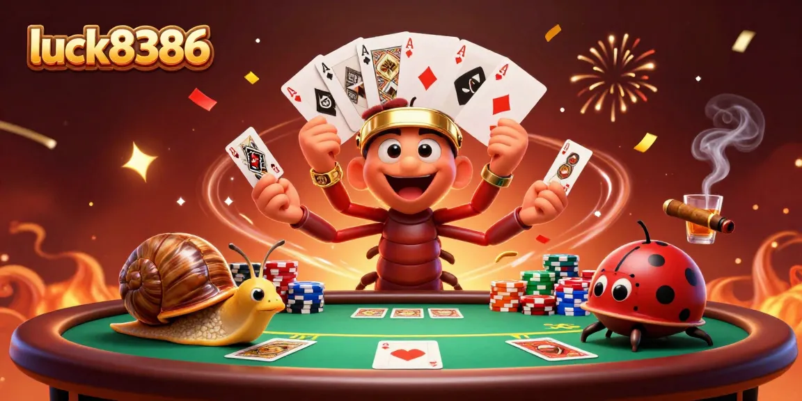 Experience excitement at luck8386 with a vibrant cartoon illustration featuring a millipede dealer and high-roller snail.