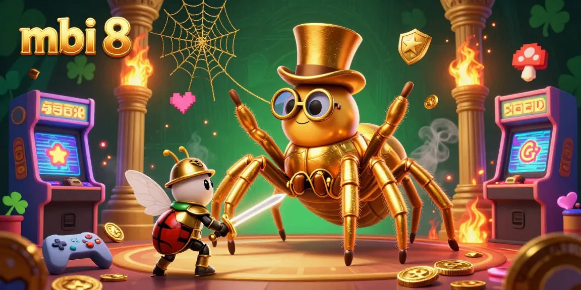 Join the fun at mbi 8, where a golden tarantula spins winning threads between casino pillars as gaming action unfolds.