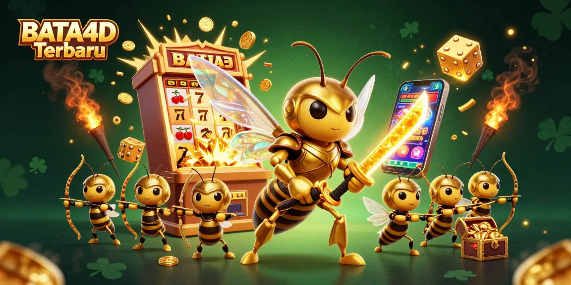 BATA4D Terbaru showcases vibrant 3D casino scene with golden hornet and slot machine bursting with prizes.