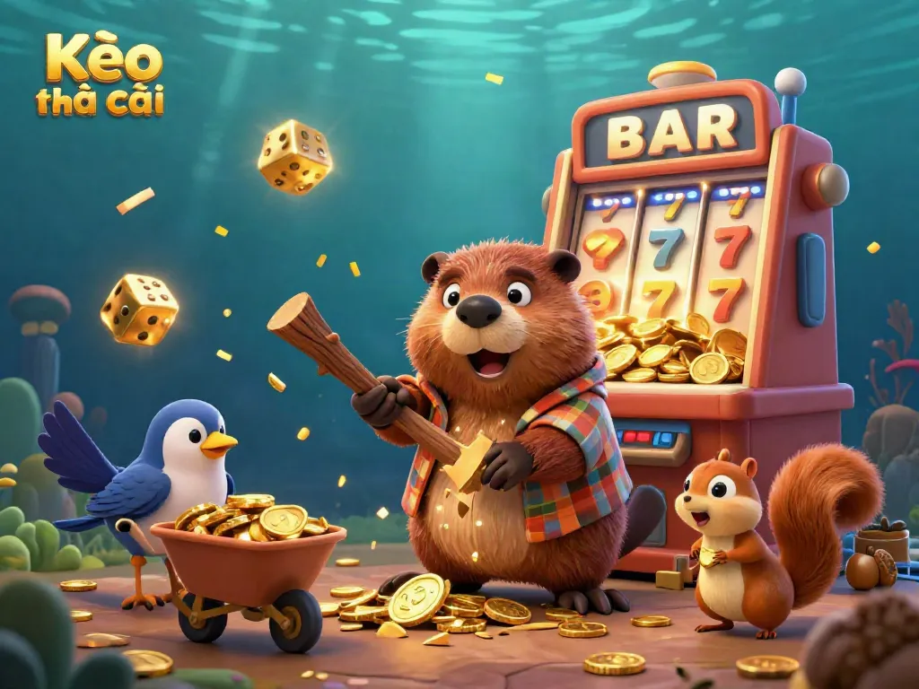 Engage with Kèo nhà cái as a 3D cartoon beaver chops a coin-raining tree in a vibrant casino scene.
