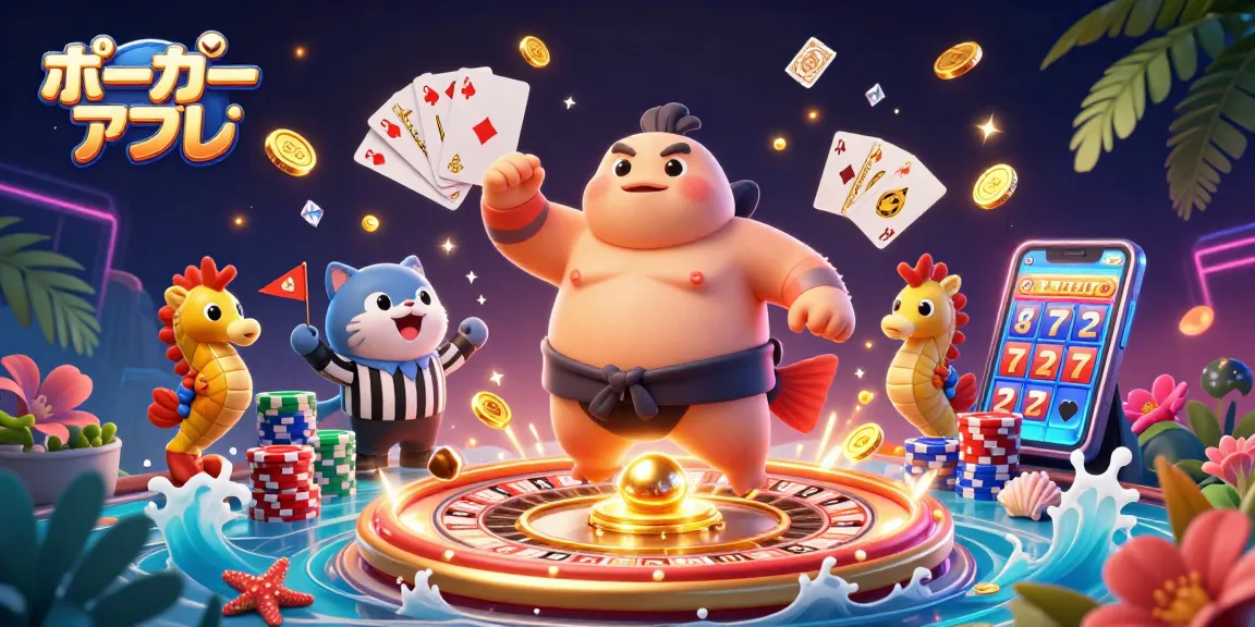 ポーカーアプリを使用したダイナミックな3Dキャラクターが集まる賑やかなカジノシーン。