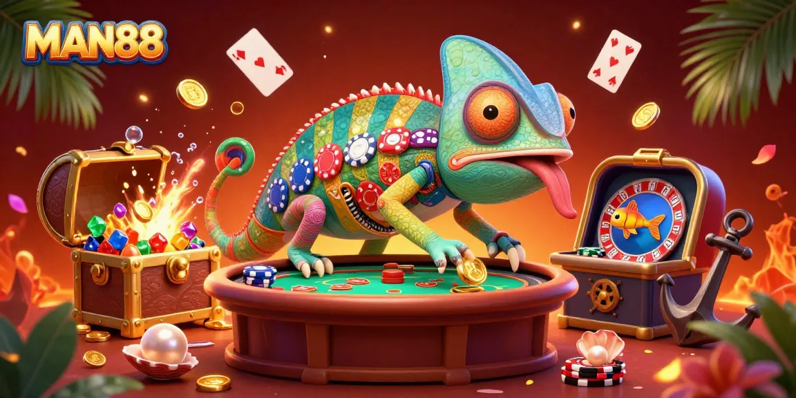 Experience the thrill at MAN88 Casino with a vibrant chameleon owner and dynamic casino elements.