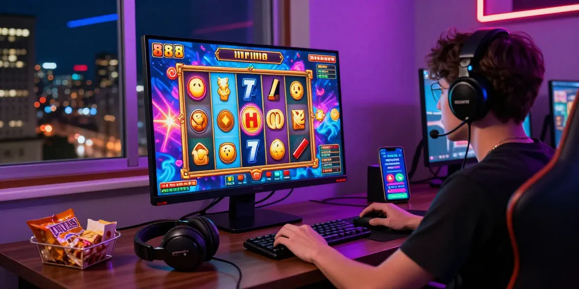 Gamer asyik bermain slot88 dengan grafis warna-warni dan suasana penuh energi.