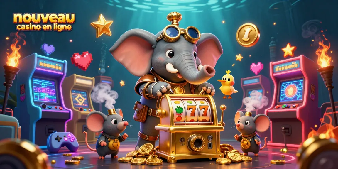 Machine à sous animée d'un nouveau casino en ligne avec éléphant steampunk et éléments colorés