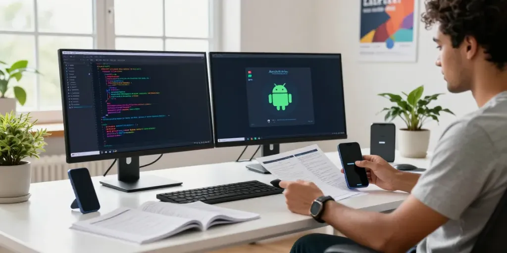 Developer analyzing APK files for 2113 Apps in a modern tech workspace.