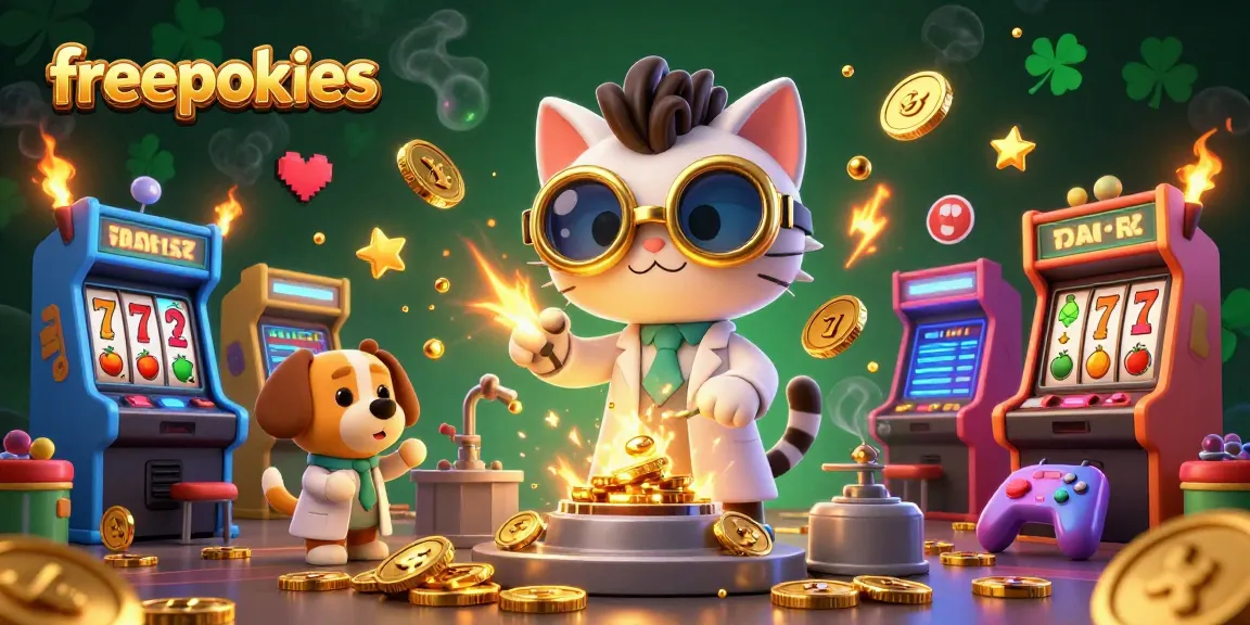 Experience freepokies with a whimsical mad scientist cat and dog in a vibrant casino scene.