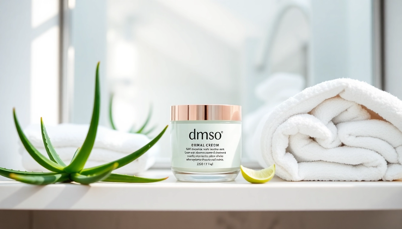 Showcase of dmso cream in a serene bathroom setting, emphasizing its natural and soothing qualities.