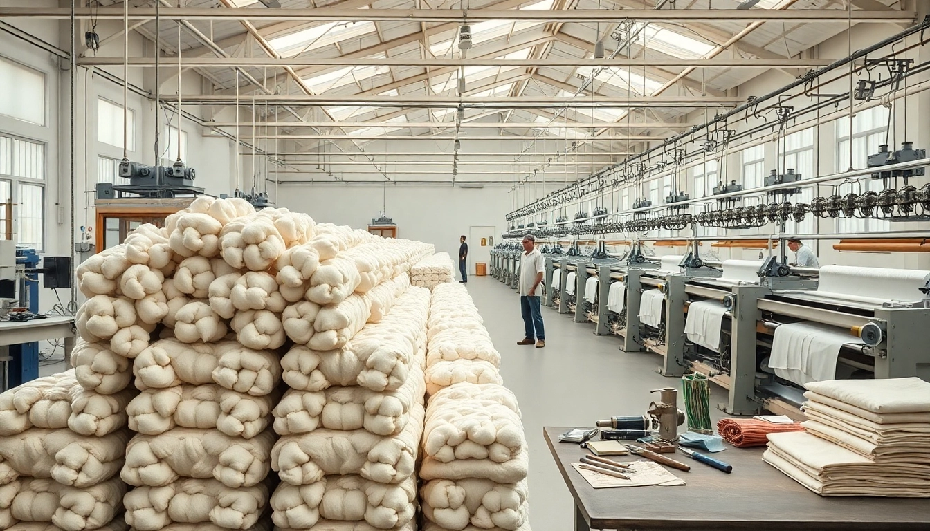 Katoen processen in een textielfabriek met moderne machines en heldere belichting.