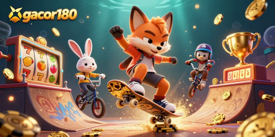 Menghadirkan Gacor180 lewat ilustrasi penuh energi, rubah skateboard dan kelinci BMX melakukan trik di kasino.