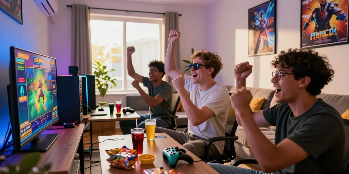 Excited gamers celebrating a win while playing slot gacor in a vibrant living room