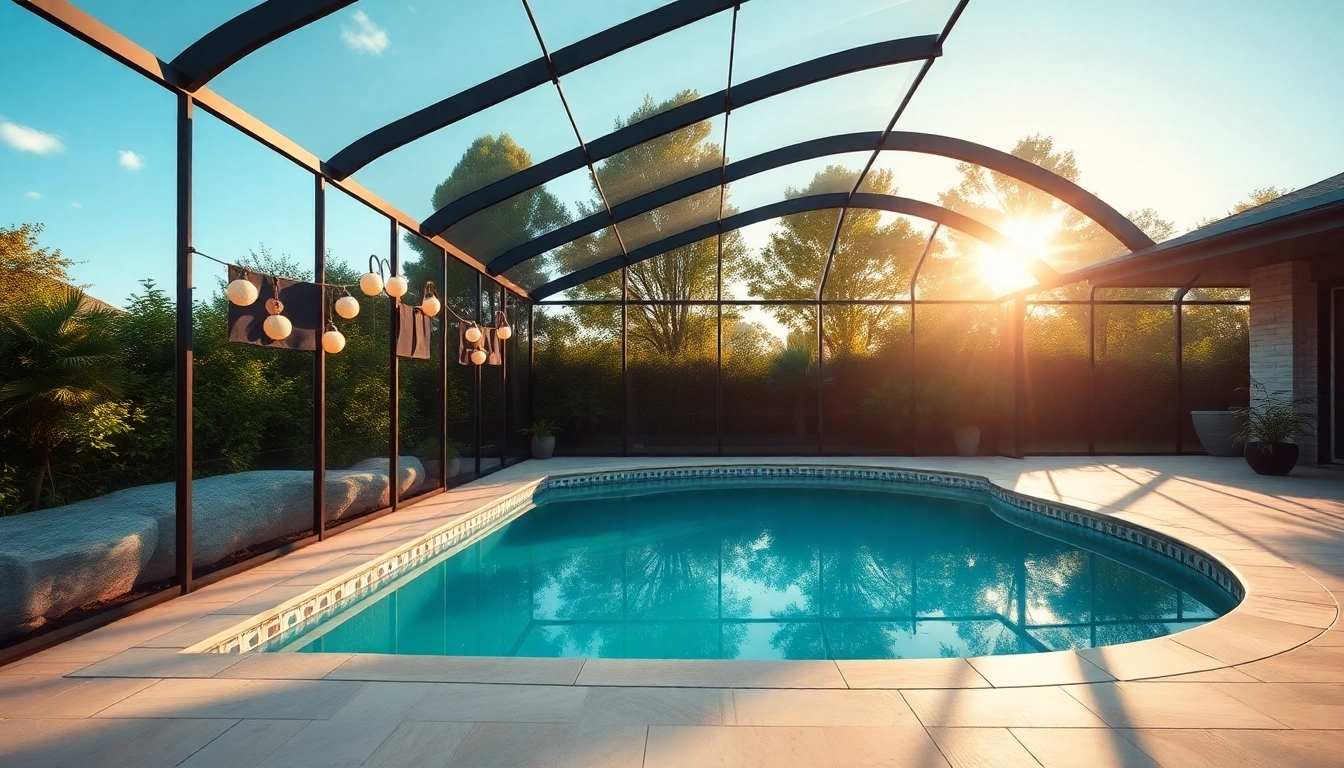 Showcasing a modern Pool Enclosure in a tranquil setting with sunlit warmth and lush surroundings.