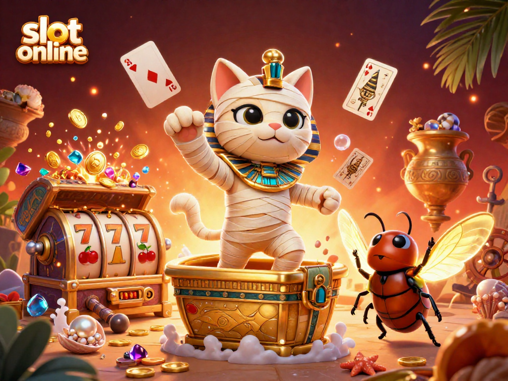 Experience thrilling gameplay with slot online featuring an Egyptian mummy cat and scarab beetle in a colorful casino.