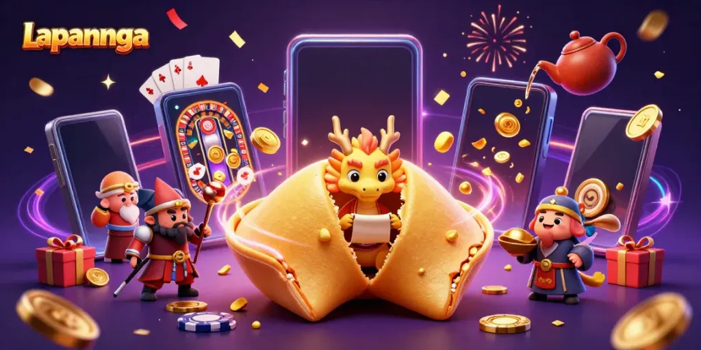 Engage with Lapannaga's vibrant 3D casino-themed artwork featuring a fortune cookie and dynamic gaming elements.