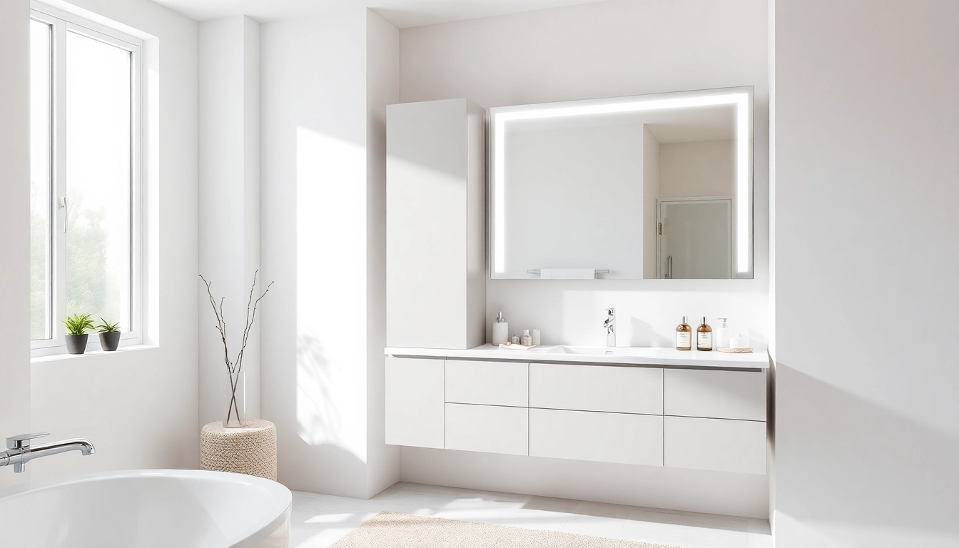 Ein spiegelschrank bad mit eleganten Linien und integrierter Beleuchtung in einem modernen Badezimmer.
