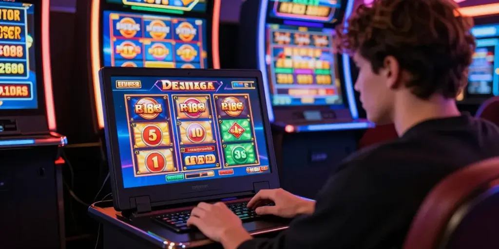 Permainan slot88 online dengan pemain terfokus pada layar laptop, gambar cerah, suasana mengundang excitement.