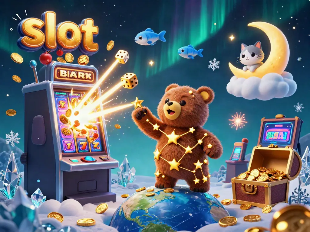 Simulasi permainan slot dengan karakter beruang berbintang dan mesin jackpot yang berkilauan di latar belakang.