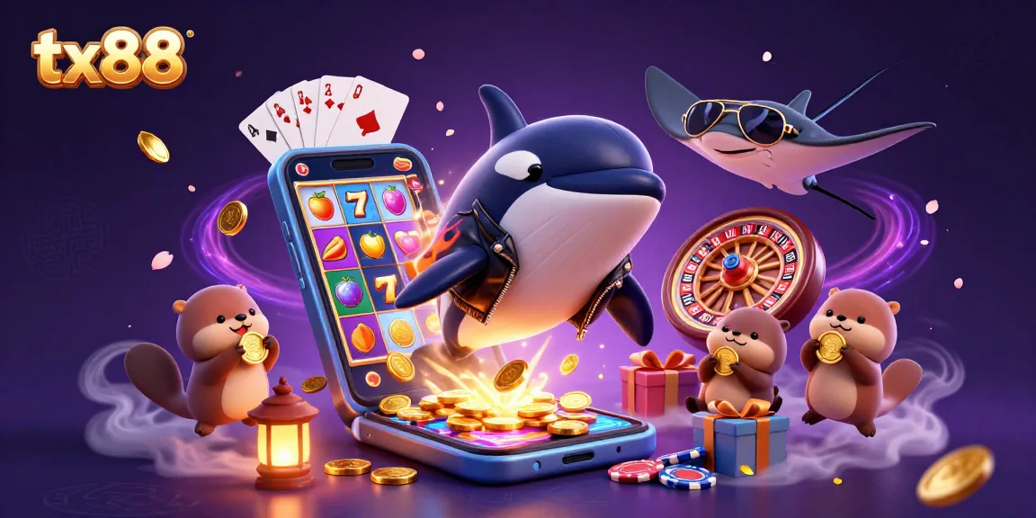 Experience excitement at tx88 with animated characters amidst vibrant casino elements and slot games.
