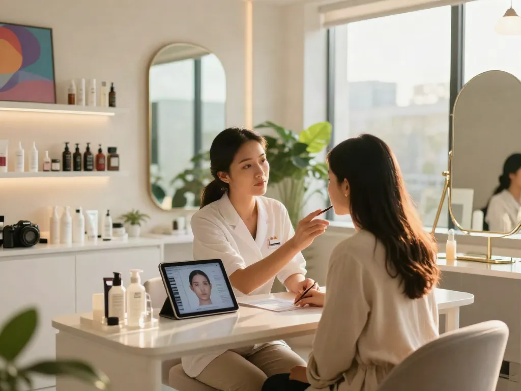 Consultation scene exploring alternatives to QOVES in a beauty studio.