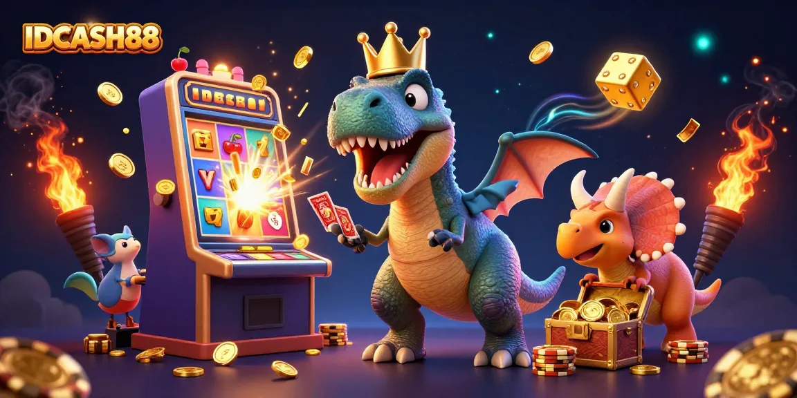 Engage with IDCASH88's exciting casino wins as a friendly T-Rex masterfully shuffles cards.