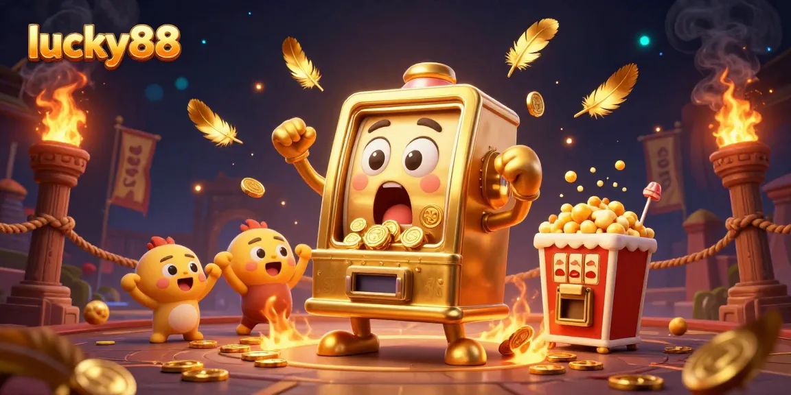 Experience thrilling wins with lucky88 as the golden slot machine hits a jackpot in a vibrant casino atmosphere.