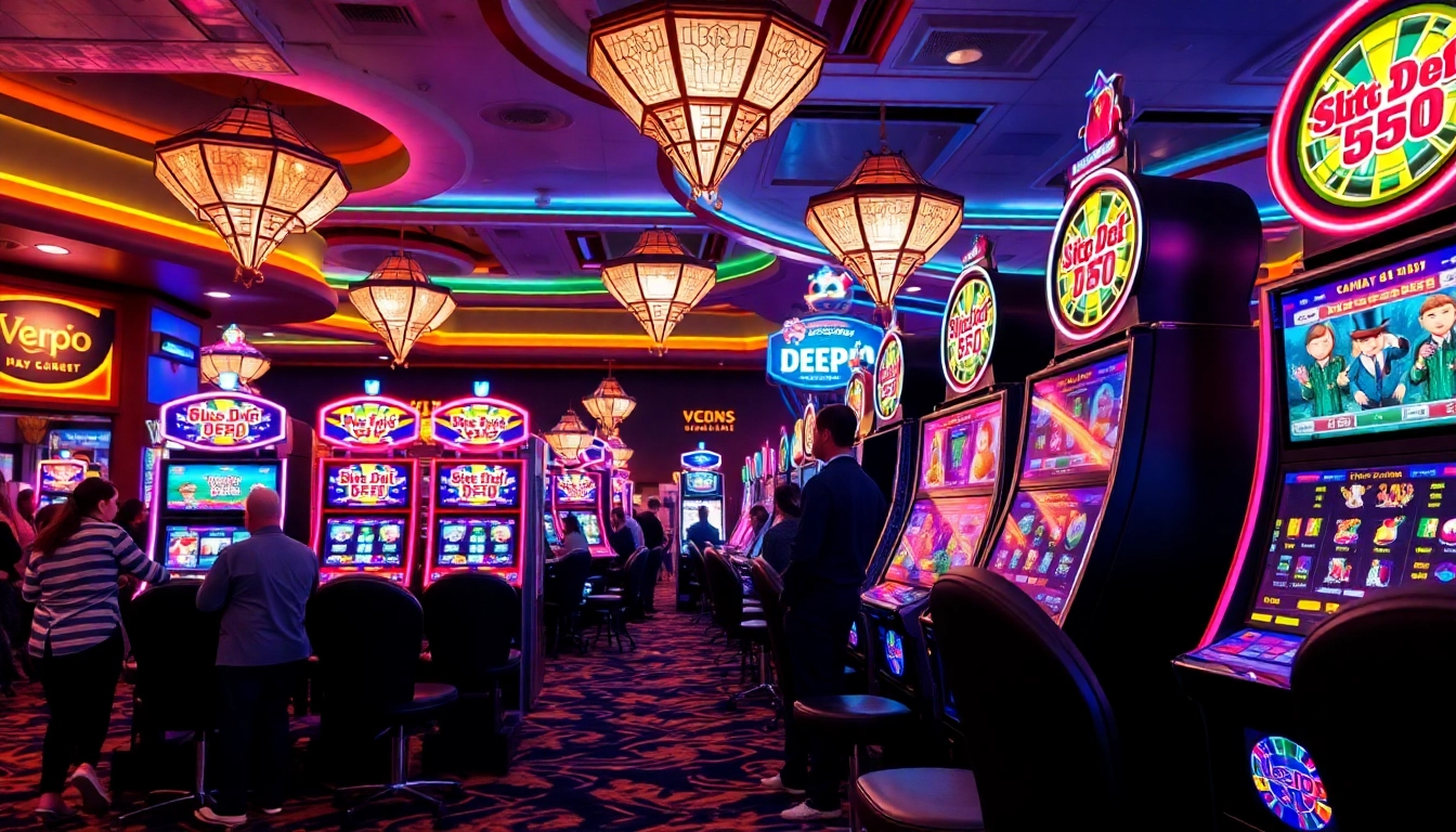 Slot Depo 5000 mesin kasino yang menarik perhatian dengan lampu berkelap-kelip dan kehadiran ramai pemain.