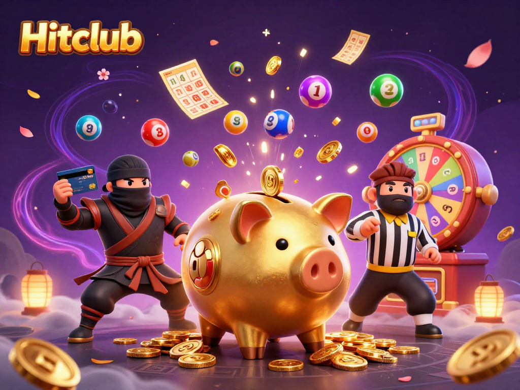 Hitclub celebrates gaming excitement with a dynamic 3D scene featuring a golden piggy bank, vibrant lottery elements, and action-packed visuals.