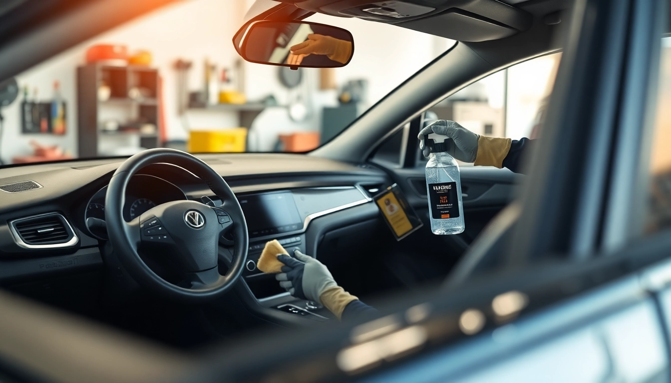 Using an effective interior car cleaner Canada on a modern vehicle's dashboard and seats.