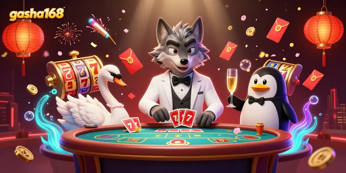 Engage with gacha168's glamorous casino scene featuring a debonair wolf, elegant swan, and penguin sommelier amidst dynamic slot elements.