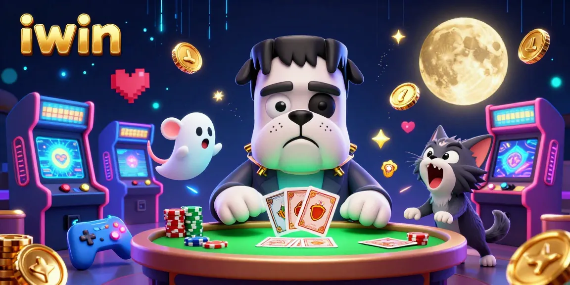 iwin themed casino illustration showcasing a fun, vibrant gaming scene with quirky characters.