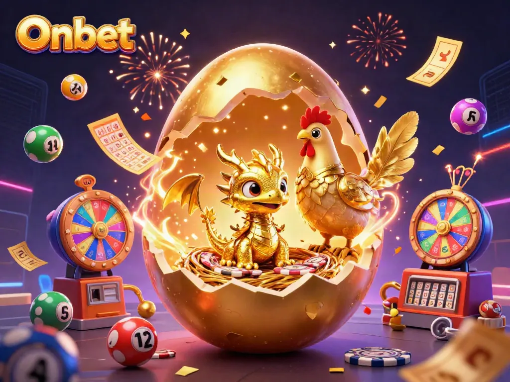 Engage with Onbet's vibrant casino scene featuring a golden dragon amidst lottery excitement.