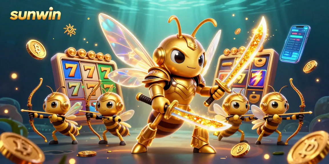 Sunwin players engage with vibrant slot games in a dynamic 3D casino illustration.