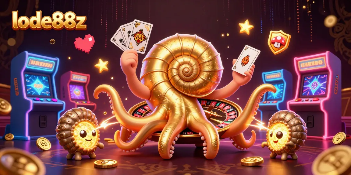 Engage with lode88z at a vibrant casino scene featuring a nautilus roulette wheel and glowing arcade machines.
