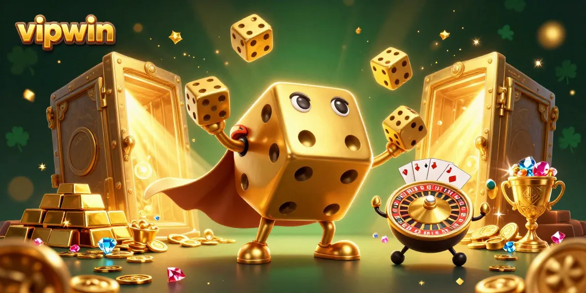 Experience thrilling gaming action at vipwin with a dynamic 3D cartoon scene filled with golden treasures and dice elements.
