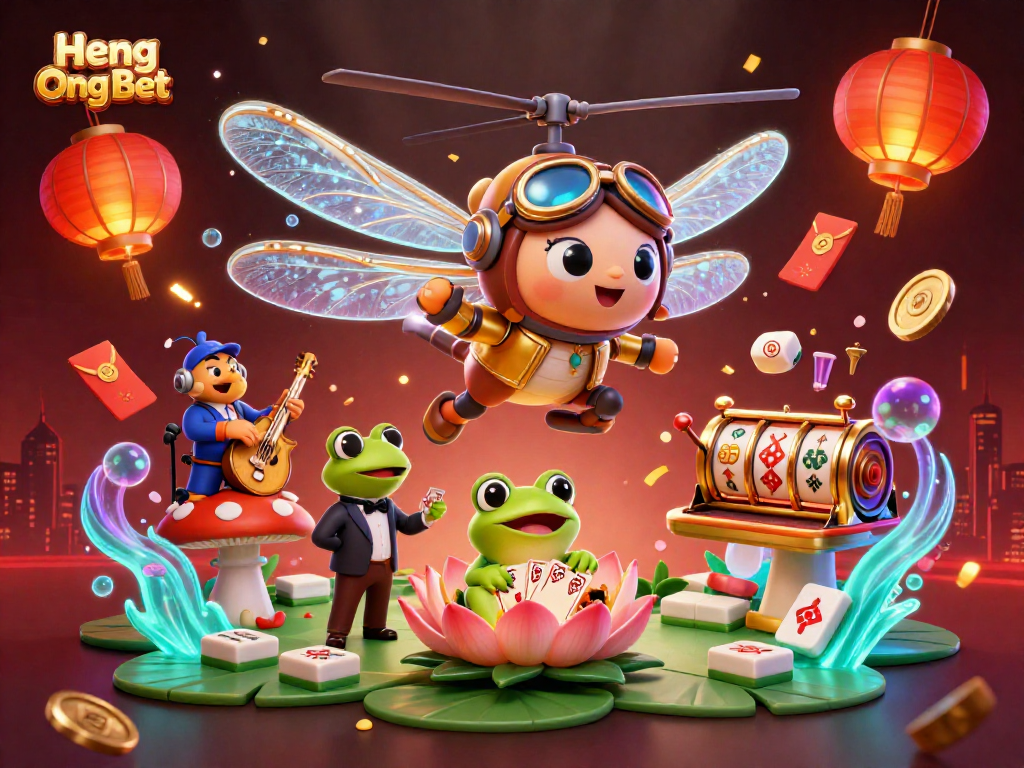 Play exciting games with Heng Ong Bet at a vibrant lily pad casino featuring animated characters and lively elements.