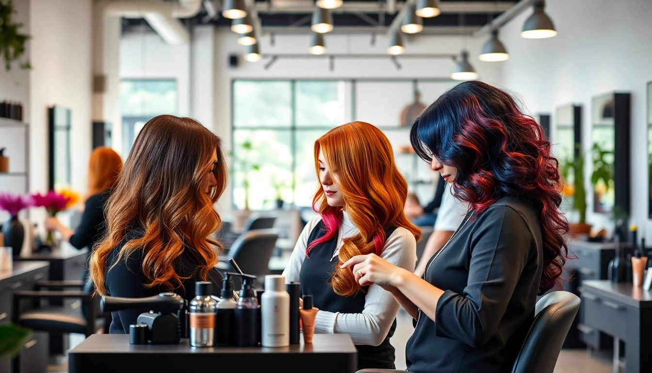 A group of award winning hair stylists showcasing vibrant hair designs in a lively salon environment.